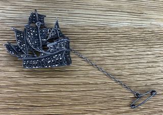 Fine Vintage Silver Ship Brooch With Marcasite Stones,  Safety Catch
