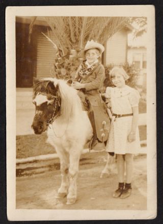 Brother Elmo In Wooly Chaps Cowboy Costume On Pony 1930s Vintage Photo