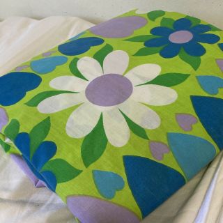 Vintage Fieldcrest Retro Mod Floral Hearts Full Fitted Sheet Green No Stretch