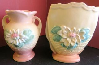 Two (2) Vtg.  Hull Pottery Water Lily Vases Yellow - Peach - Brown 5 - 1/2 & 6 - 1/2