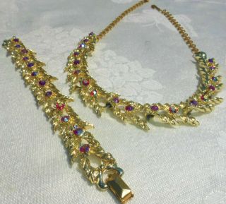 Vintage Gold Tone Red Aurora Borealis Rhinestone Necklace Bracelet Set