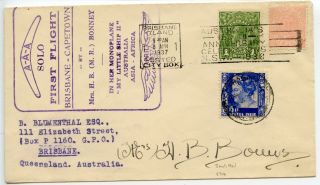 Australia 1937 Mrs Bonney Solo First Flight Brisbane - Cape Town: To Neth Indies
