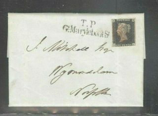 Great Britain Uk 1840 1d Penny Black On Early May 27 Cover (fold Through Stamp)