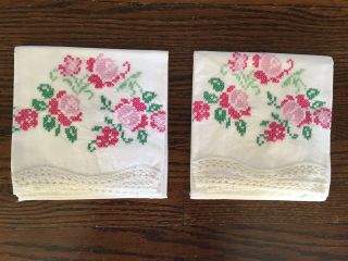 Vintage Antique Pillowcase Set Of 2 Hand Crocheted & Cross Stitch Roses Red Pink