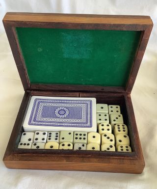 Vintage Dice In A Lovely Wooden Playing Card Box With A Pk Of Cards