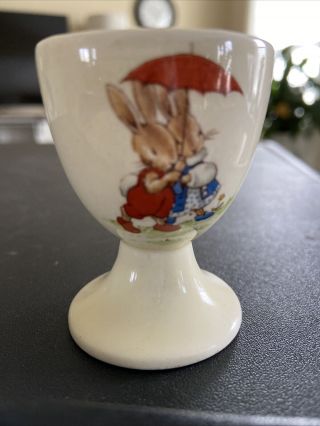 Vintage Rare Royal Doulton Bunnykins Footed Egg Cup,  Raising Hat,  Red Umbrella