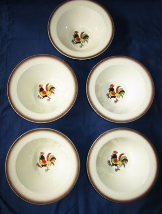 Set Of 5 Metlox Poppytrail Red Rooster 7 - 1/8 " Rim Cereal Bowls (c.  1960s)