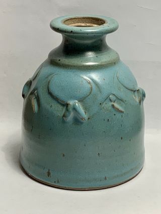 Teal Blue Glazed Clay Studio Art Bud Vase With Embellishment.