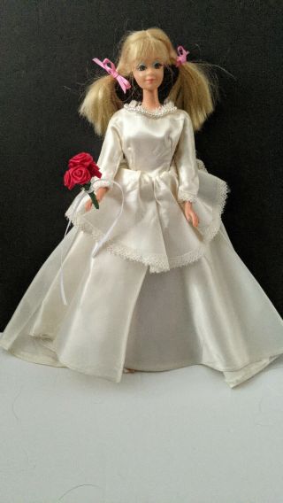 Vintage Barbie Tammy Sized Clone Satin Wedding Gown With Beaded Top And Lace
