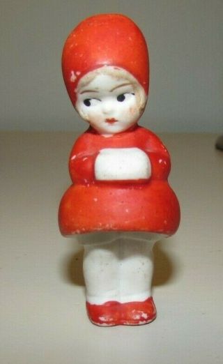 Antique Miniature Bisque German Girl Doll In Red Dress Hand Muff