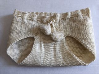 Vtg 1940s Handmade Knit Baby Diaper Cover Beige Pom Pom Tie