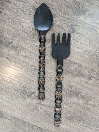 Vintage Giant Wooden Fork And Spoon Wall Decor Totem Shafts 24 " Black