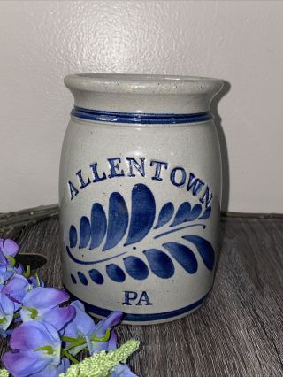 Allentown Pa Stoneware Utensil Crock Pottery Signed Gray Beige Pot Vase Leaf