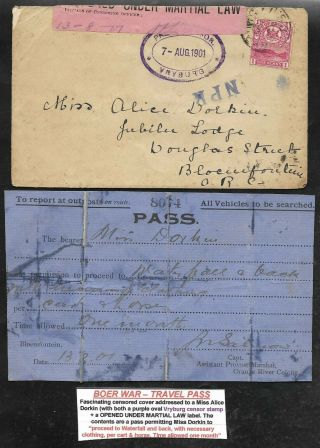 Cape Of Good Hope 1901 Boer War Martial Law Vryburg Censored Cover,  Travel Pass