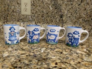 Set Of 4 Vintage M.  A.  Hadley Ceramic Hand Painted Mugs Sheep Pig W/ The End