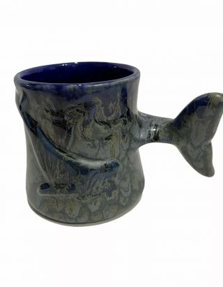 Handmade Art Pottery Cobalt Blue Whale Fish Tail Coffee Mug Cup Tail Handle