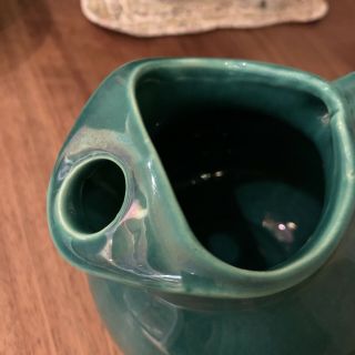 Vtg.  USA Pottery Teal Green Tilt Ball Pitcher w/ Ice Lip Ceramic Water Tea Jug 2