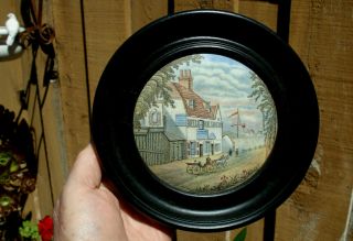 Antique,  English Sea - Side Tavern Scene,  Framed Wooden Ebony Prattware Pot Lid