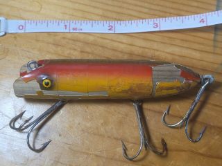 Antique Wood South Bend Bass - Oreno Orange & Red Glass Eyes 4  Fishing Lure