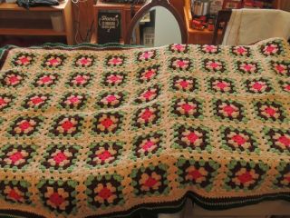 Vintage Afghan Crochet Blanket Retro 70s Green Handmade 60x35 Granny Square