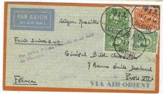 China 1934 Airmail Cover Shanghai To Paris With Scarce Handstamp