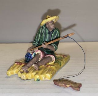 Antique Shiwan Mudman Chinese Pottery Figurine Statue Man Fishing Raft