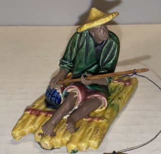 Antique Shiwan Mudman Chinese Pottery Figurine Statue Man Fishing Raft 2