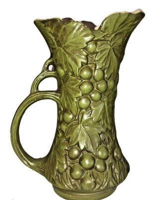 Vintage Green Mccoy Usa Pottery Grape Pattern Pitcher Vase 641 9.  25 " Tall