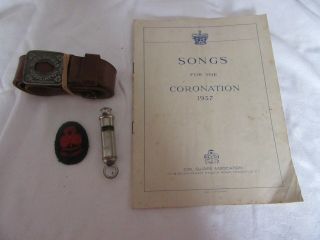 Vintage 1930s Girl Guides Be Prepared Belt,  Whistle,  Badge & Coronation Song Bk