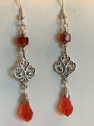 50 Off Antique Handcrafted Swarovski Red Siam Briolette Earrings.  Sterling
