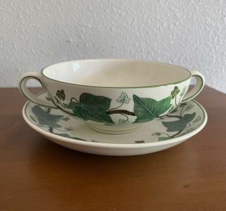 Wedgwood Napoleon Ivy Queensware Cream Soup Bowl & Plate Set England Etruria