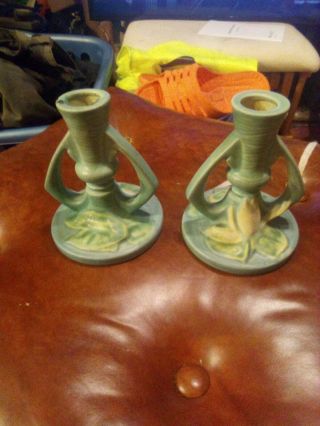 Roseville Pottery Water Lilly Candle Holders Set Of 2