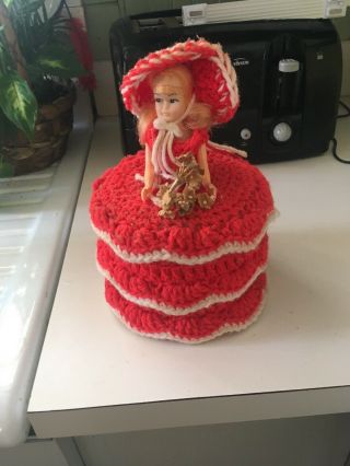 Vintage Doll Toilet Paper Cover Crochet Southern Belle Red And White