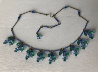 Vintage Art Deco Style Emerald And Sapphire Czech Glass Flower Bead Necklace