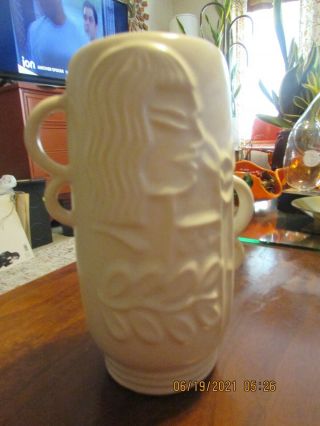 Rare Vintage Cream Red Wing Vase/ Art Deco Girl With Fawn
