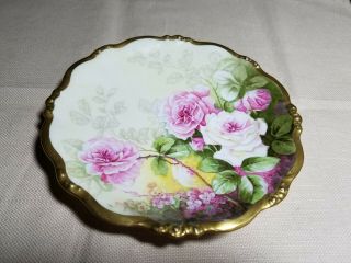 Elite Limoges France Antique Hand Painted Pink Roses Gold Decorated 8 1/2 " Plate