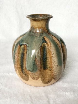 Studio Art Pottery Vase Drip Glaze Green Stoneware 4.  5” B&j Mitchell St Croix