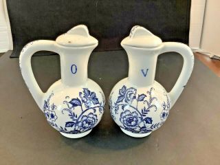 Vintage European Pottery Oil & Vinegar Cruets White Blue Floral W/stoppers Flaw