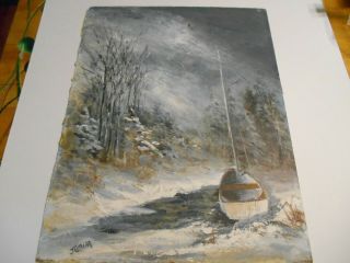 Vintage Signed Oil Painting On Board Sail Boat In Winter Storm Beach House Shore