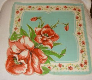Vintage Women’s Handkerchief Hankie Pink Floral W/turquoise Background 11 "