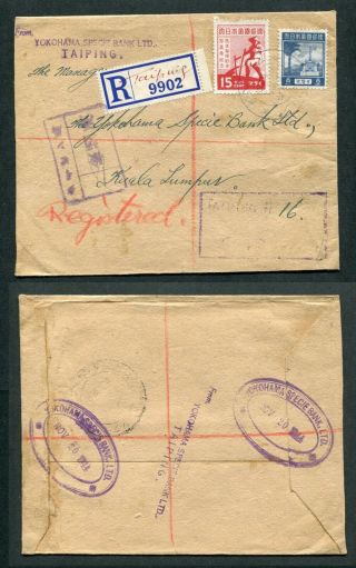 Perak Malaya Japanese Occup.  Stamps On 1944 Censored Reg.  Cover Taiping To K.  L.