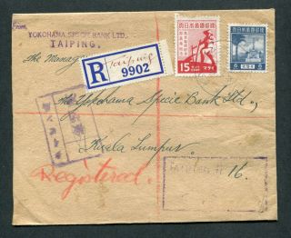 Perak Malaya Japanese Occup.  stamps on 1944 Censored Reg.  cover Taiping to K.  L. 2