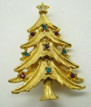 Vintage Bright Gold Tone Brooch Pin Christmas Tree Red/green Rhinestones Star