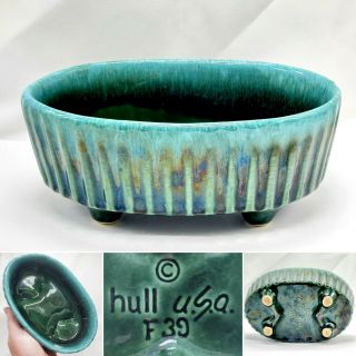 Vintage Mcm Green Blue Hull Usa F39 Pottery Oval Planter Feet Glaze Drip Bowl