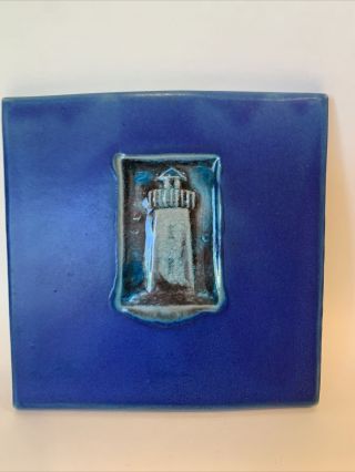 Michael Cohen Handcrafted Stoneware Tile Trivet Wall Lighthouse Cobalt Blue