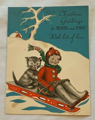 Vintage Da Brand Die Cut Christmas Greeting Card Child & Kitten On Sleigh
