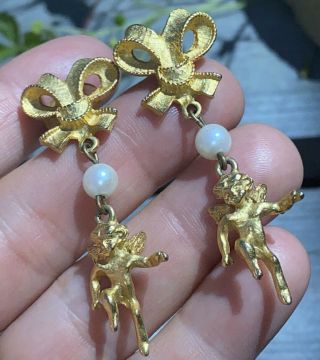 Vintage Golden Cherub Bow Top Faux Pearl Ornate Dangle Earrings 2” Long