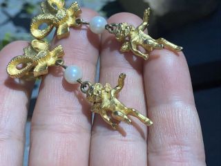 Vintage Golden Cherub Bow Top Faux Pearl Ornate Dangle Earrings 2” Long 2