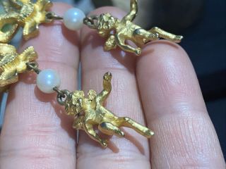 Vintage Golden Cherub Bow Top Faux Pearl Ornate Dangle Earrings 2” Long 3