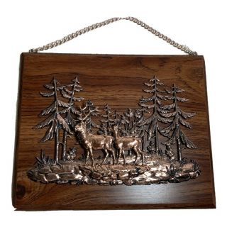 Vintage A&f Canada Copper - Toned Metal Elk Deer Forest 3 - D Relief Art Wall Plaque